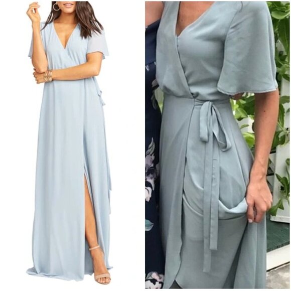 SHOW ME YOUR MUMU Noelle Flutter Wrap Dress in Steel Blue Size Small - Picture 1 of 9